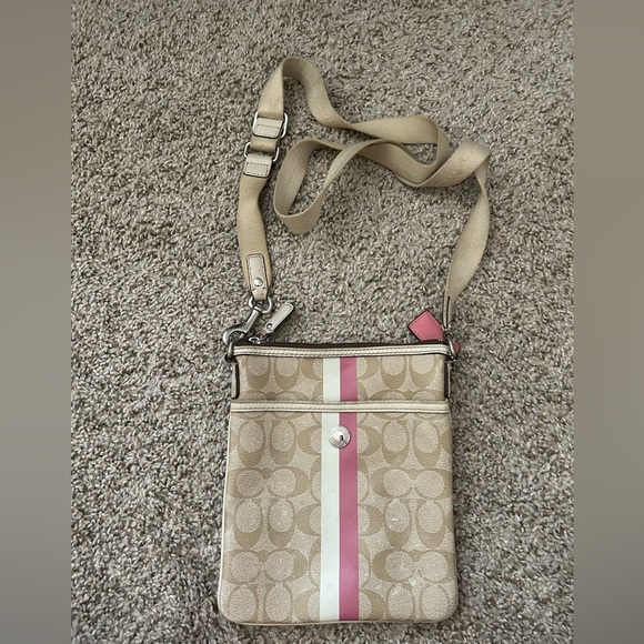 Coach Chelsea Heritage Stripe Tan Pink Crossbody Purse Bag Hangtag Zip Travel - Picture 1 of 12